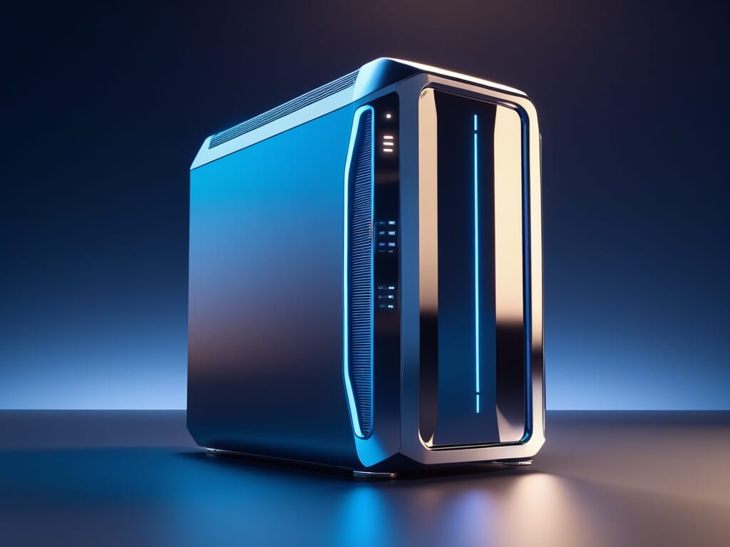 a computer tower with blue lights